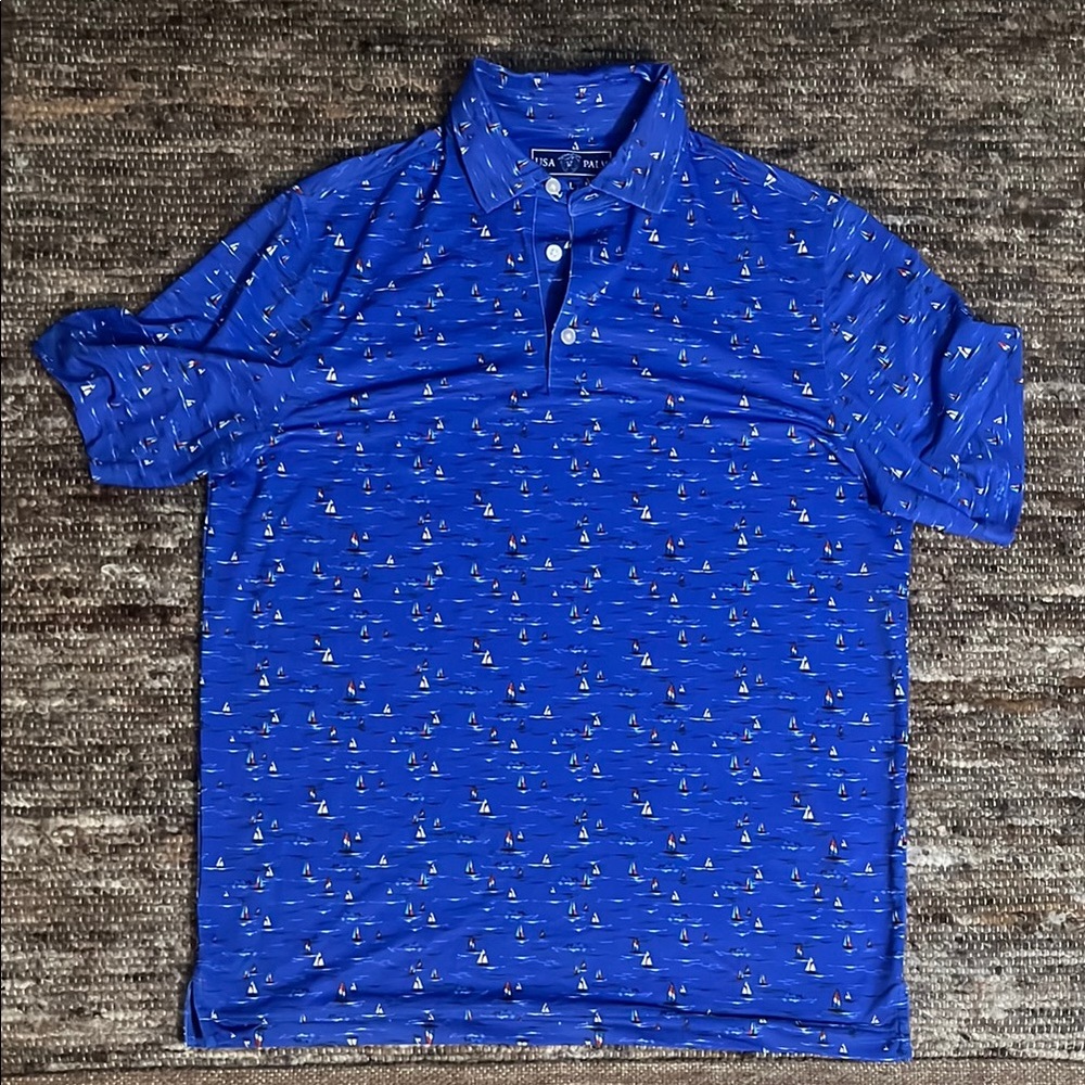Sail boat blue palm golf shirt